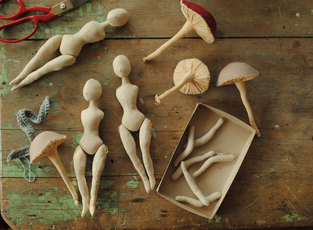 Work in progress: cloth dolls and fabric mushrooms by Willowynn.