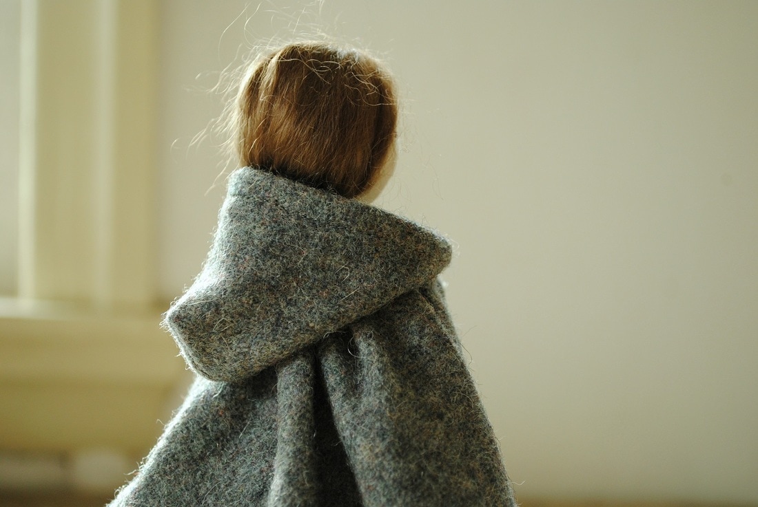 Cloth doll in wool cloak handmade by Willowynn