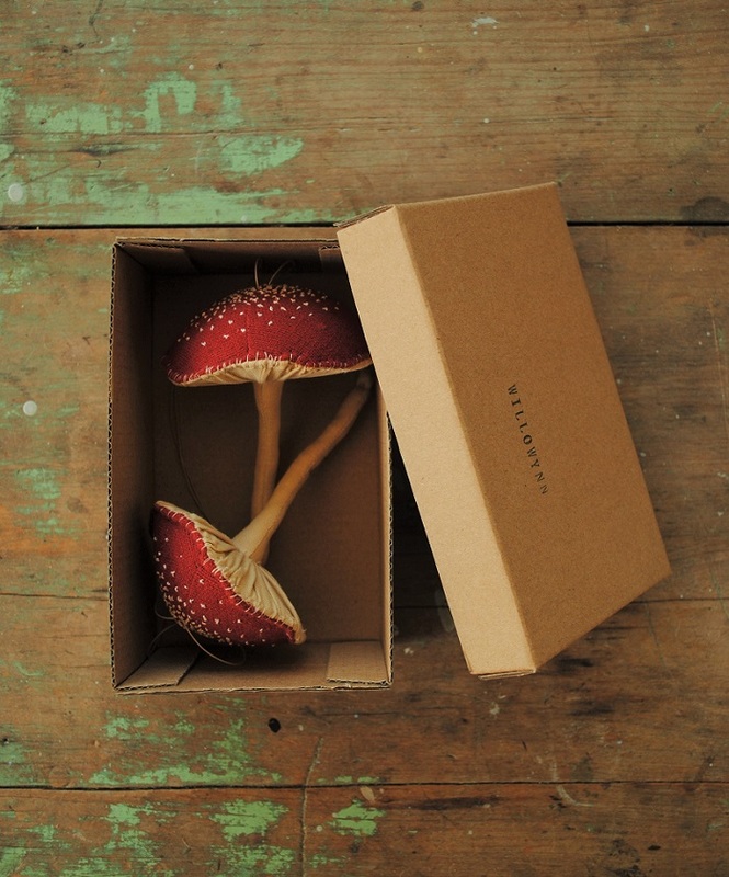Mushroom hanging ornaments in handmade box by Willowynn