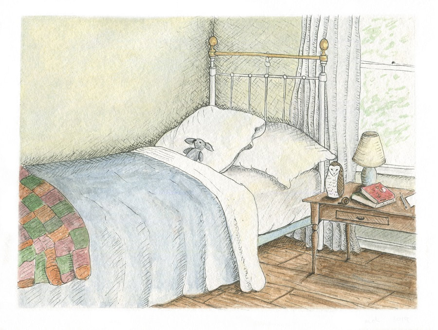 Bedroom. Watercolour and ink on paper. Margeaux Davis 2019