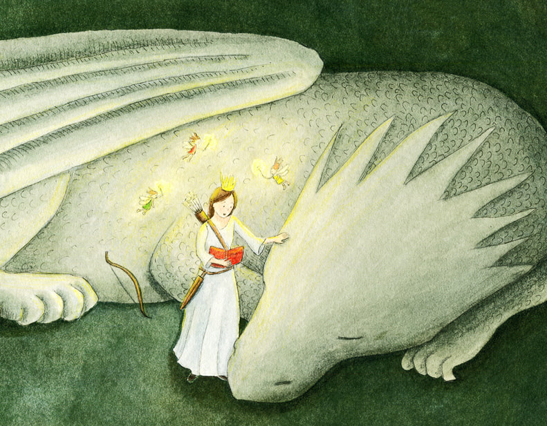 Reading to dragon. Watercolour, pen and ink © Margeaux Davis 2020