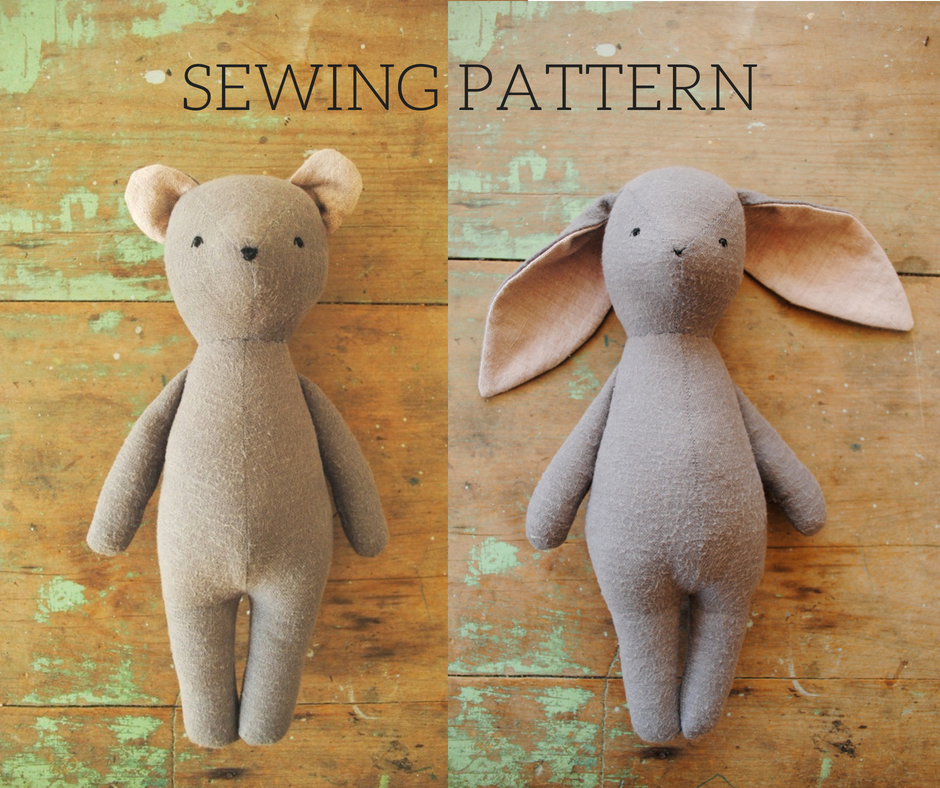 Bunny and bear stuffed animal doll digital sewing pattern by Willowynn
